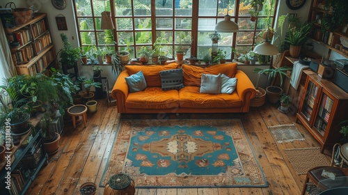 Inviting living room filled with lush greenery, an orange sofa, and decorative elements, showcasing a warm, cozy atmosphere. 