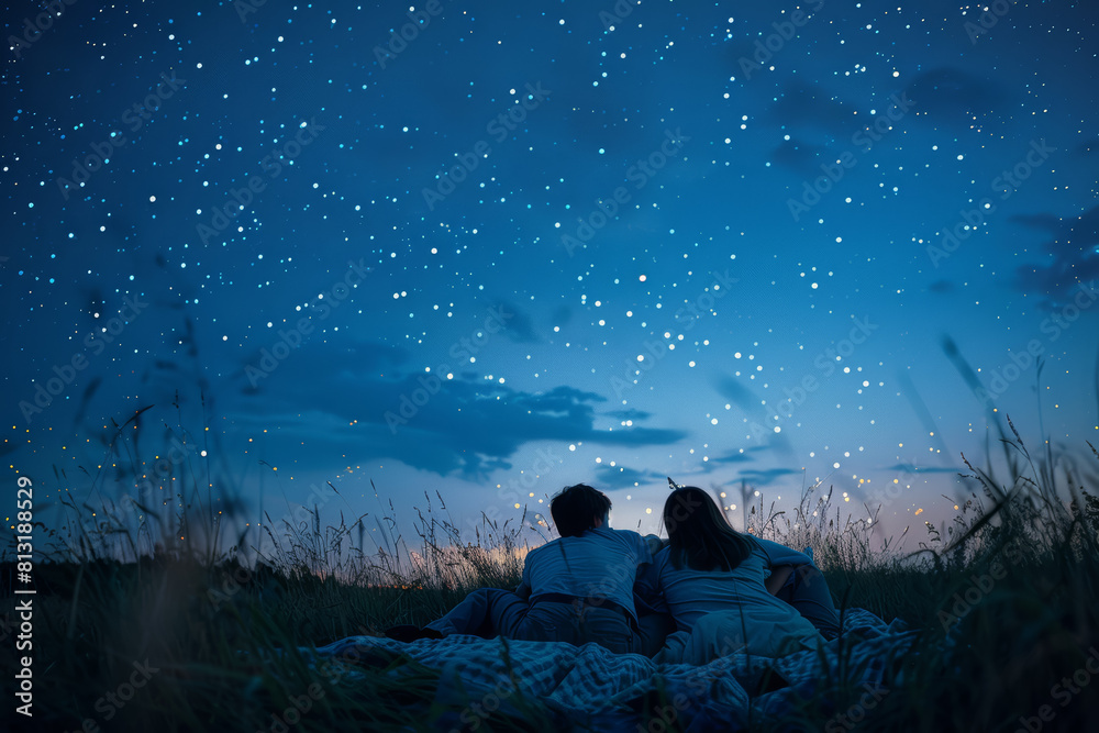Companions sprawled out on a blanket in a grassy field, stargazing and sharing their dreams under the twinkling night sky. Concept of wonder and friendship. Generative Ai. Companions sprawled out on a blanket in a grassy field, stargazing and sharing their dreams under the twinkling night sky. Concept of wonder and friendship. Generative Ai.