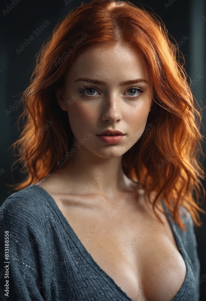 Naklejka premium Elegance Unveiled: Wavy Red Locks Draped Over White Top