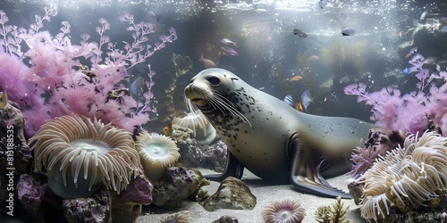 "Marine Life in an Underwater Scene: Seal, Tropical Fish, Sea Lion, Corals, Algae, and Anemones". Concept Underwater Photography, Marine Life, Sealife Portraits, Coral Reef Ecosystem
