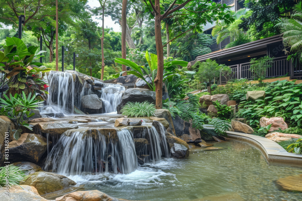 Naklejka premium A peaceful sanctuary where guests can unwind amidst cascading waterfalls and lush greenery, enveloped in a sense of serenity and calm. Concept of escape and rejuvenation. Generative Ai.