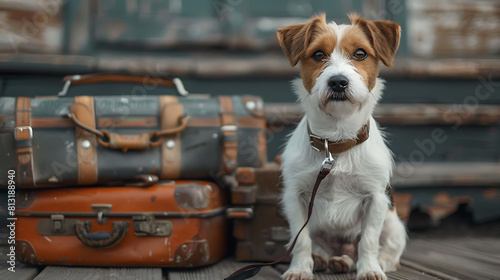 Jack russell terrier dog holding a leash while sitting near suitcases and travel box, Ready for vacation