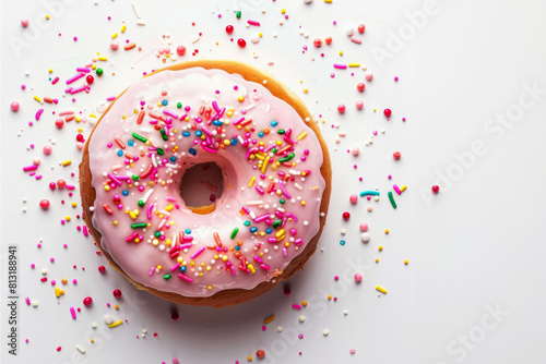 pink donut with colourful sprinkles on white background