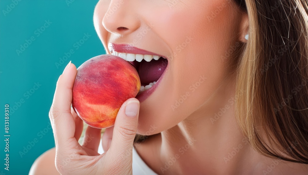 Generated image of a woman biting a peach Generated image of a woman biting a peach