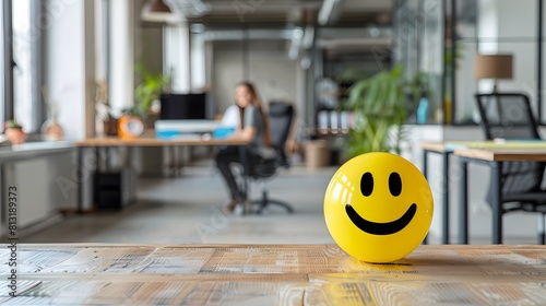 Positivity in the workplace with a yellow smiling smiley ball in the office interior, promoting a positive work environment