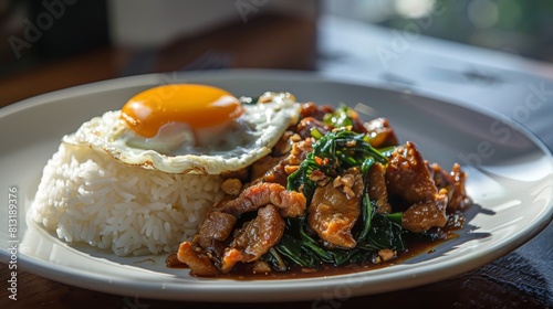 A tantalizing plate of Pad Kra Pao Moo, a classic Thai dish of spicy stir-fried basil pork served with jasmine rice and a fried egg.