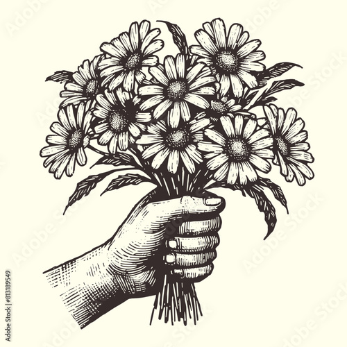 hand holding a beautiful bouquet of daisies vintage illustration