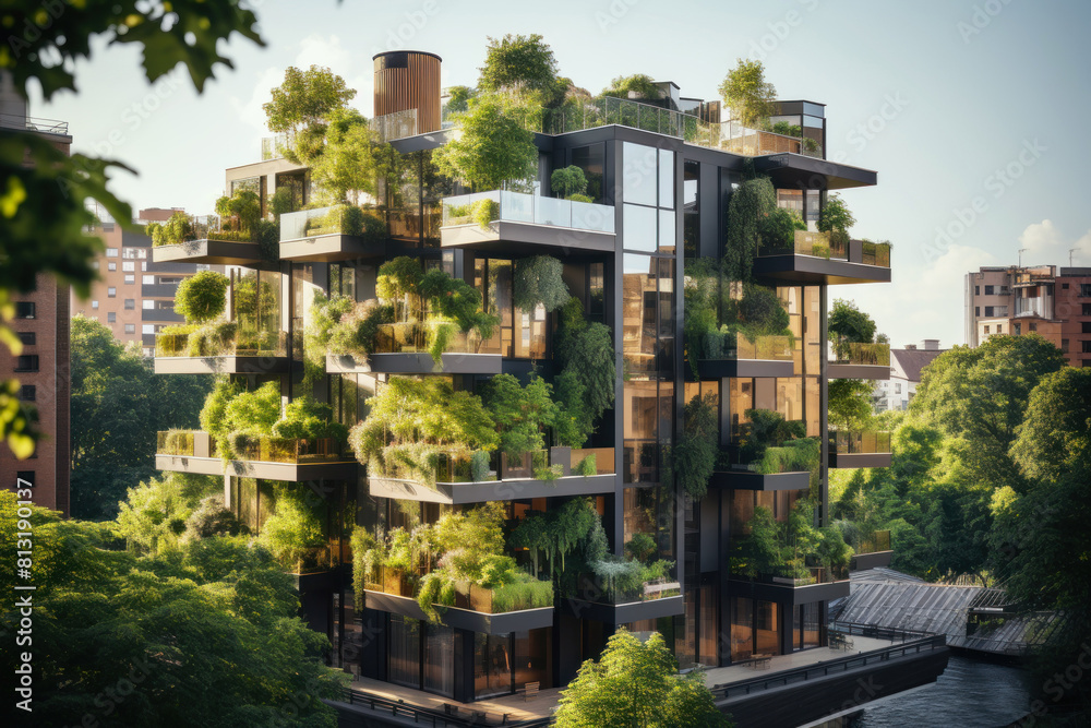 Modern green building in futuristic city, house with plants and trees ...