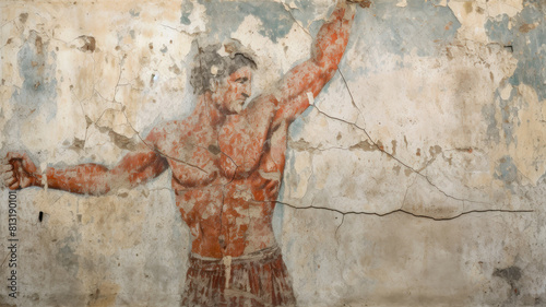 Ancient Greek or Roman sport, old wall painting with victorious man, vintage cracked fresco background. Theme of art, Greece, win, victory, game and history.