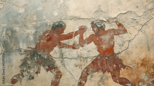 Ancient Greek or Roman wrestling, old wall painting with two fighting men, vintage cracked fresco. Theme of art, Greece, Rome, sport, competition, game