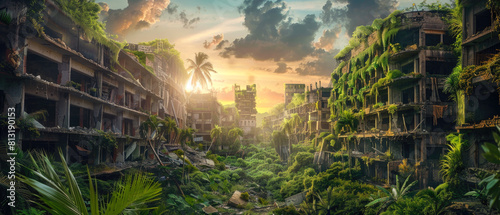 City after end of world at sunset  panoramic view of abandoned buildings overgrown with grass and green plants. Theme of post apocalypse  war  sky  future