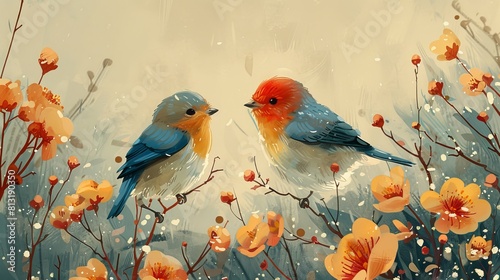 Design a romantic Valentines Day card with a pair of lovebirds perched on a branch photo
