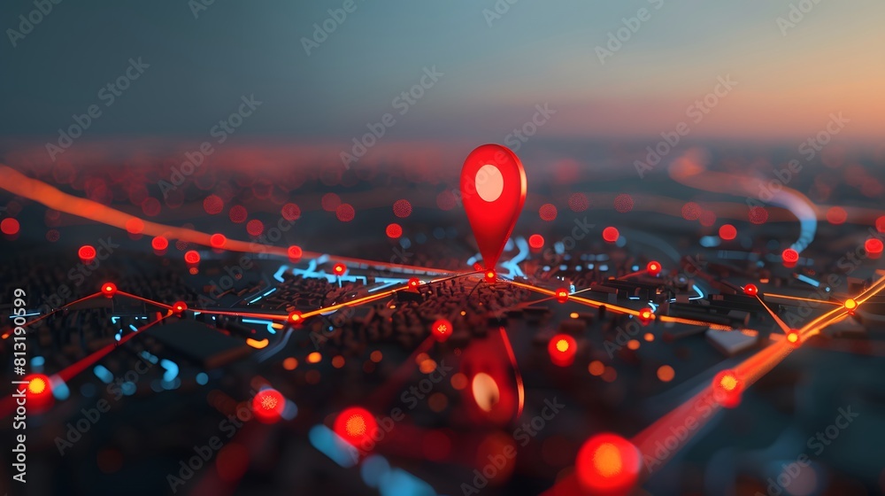 Red map pin in cityscape and network connection, indicating the city ...