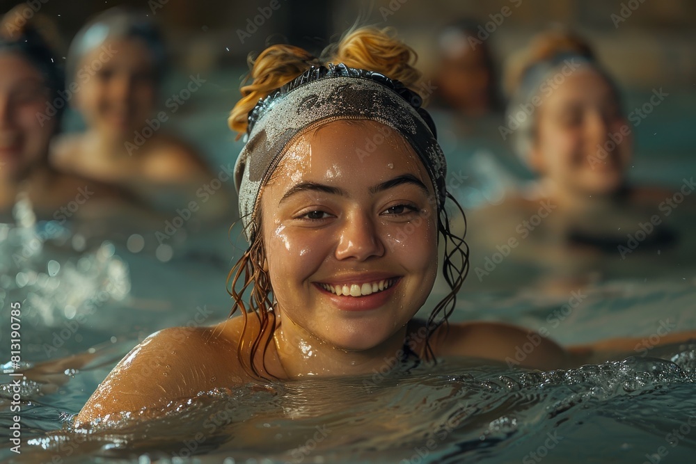 The image shows an exuberant female swimmer with a bright smile, reveling in the splash-filled environment of a pool