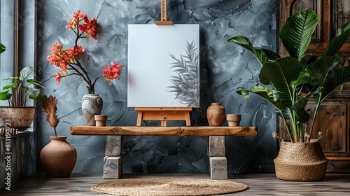 There is a white drawing sheet on a gray background on a wooden easel, with a flower in the corner. photo