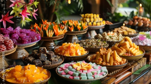 A traditional Thai dessert buffet laden with sweet treats like coconut custard, banana fritters, and colorful jelly sweets. photo