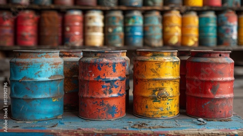 In the photo, you can see old, standing paint cans and barrels © DZMITRY