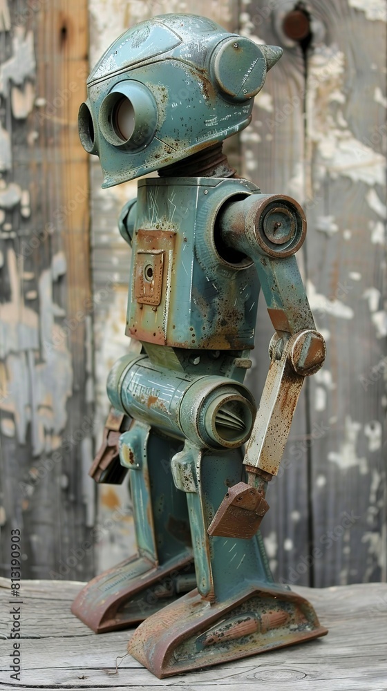 Old little sci-fi robot mechanical figure statue made out of iron
