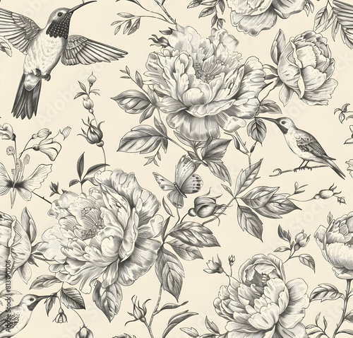 seamless pattern Vintage Toile Peonies and Hummingbirds, white and blue, white and black Vintage Pattern, Floral Patterns , floral background , vector illustration, detailed monochrome drawing,