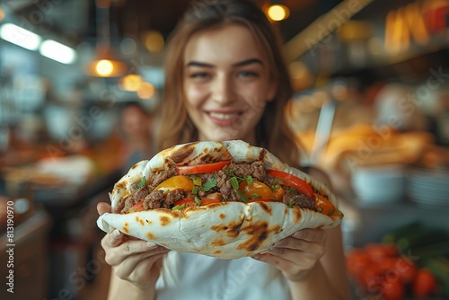 Cheerful young female holding a stuffed gyros pita, vibrant and inviting, in a bustling restaurant