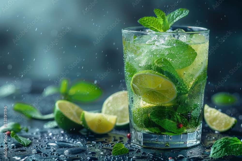 A close-up of a refreshing mojito cocktail with lime, mint, and ice on a rainy backdrop, highlighting the fresh ingredients and droplets A close-up of a refreshing mojito cocktail with lime, mint, and ice on a rainy backdrop, highlighting the fresh ingredients and droplets