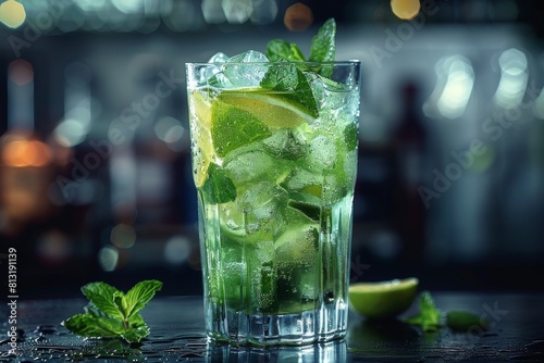A refreshing mojito cocktail with ice, lime, and mint leaves in a tall glass, set against a dim bar photo