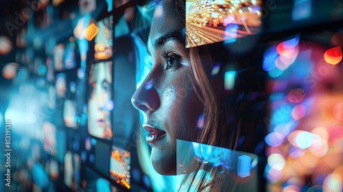 Render the face of a social media influencer, their image projected on screens around them as they curate their online persona with precision and flair photo