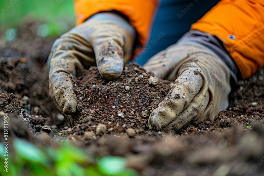 Obraz premium A person's hands in orange gloves are holding rich, dark soil, highlighting gardening and agriculture activities