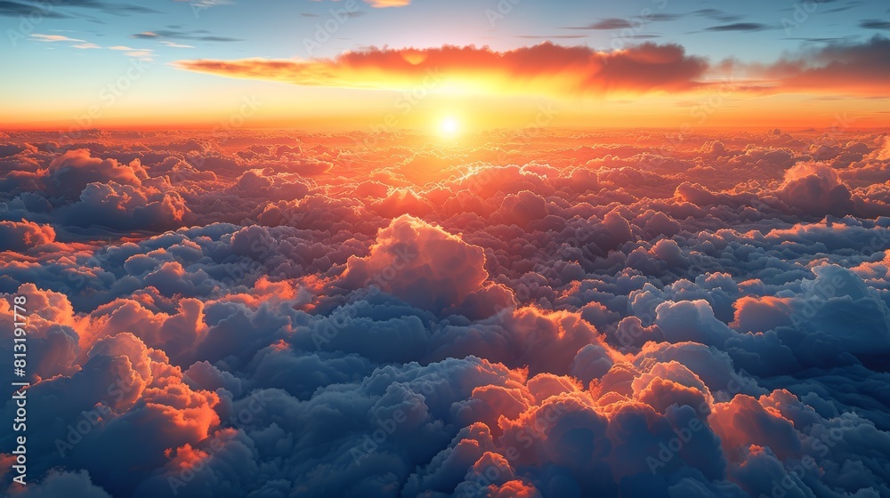 At dusk, stunning aerial view of sunset sky. Beautiful clouds and colors