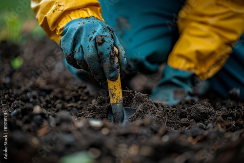 A gardener's gloved hand is pictured using a small yellow tool to work the soil in a gardening or landscaping project