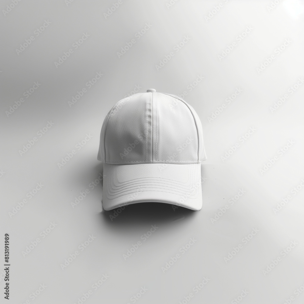 A white baseball cap is sitting on a white background. The cap is clean and unblemished A white baseball cap is sitting on a white background. The cap is clean and unblemished