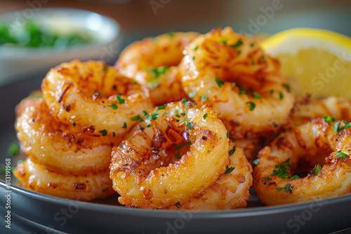 Close-up of juicy grilled shrimps, perfectly seasoned with savory spices, accompanied by slices of fresh lemon on a dark plate