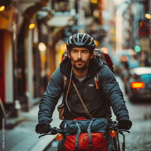 A man wearing a helmet and a black jacket rides a bicycle down a city street. The man is wearing a backpack and he is in a hurry. The street is busy with cars and other vehicles