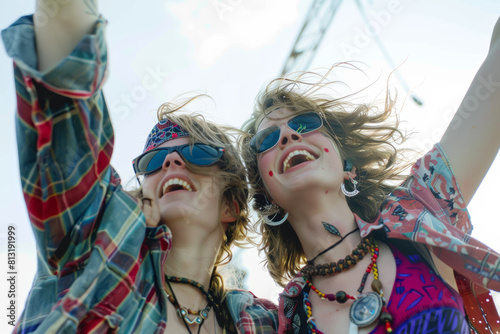 Two fraysexual partners attending a lively music festival, dancing and singing along to their favorite songs as they celebrate their love and individuality.  Generative Ai. © Sebastian