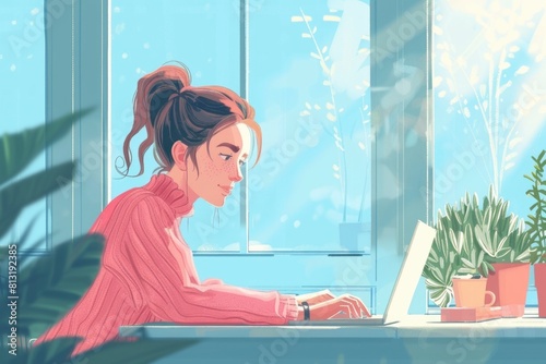 A woman is sitting at a desk with a laptop and a plant