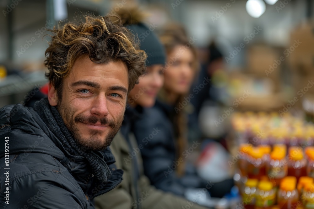A man with a friendly smile features in the foreground of a vibrant outdoor market setting A man with a friendly smile features in the foreground of a vibrant outdoor market setting