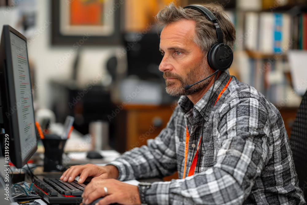 Mature man with headset at a cluttered desk Mature man with headset at a cluttered desk