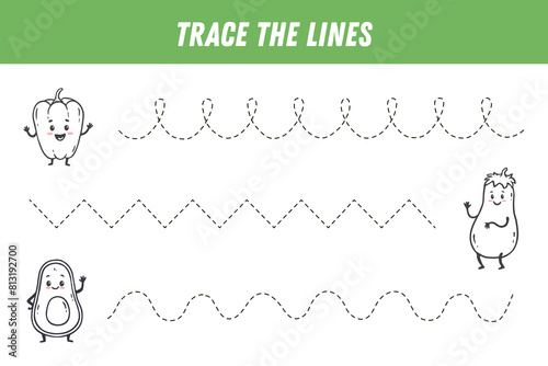 Tracing lines for kids. Cute cartoon vegetables. Pepper, avocado, eggplant. Handwriting practice. Educational game for preschool kids. Activity page. Vector