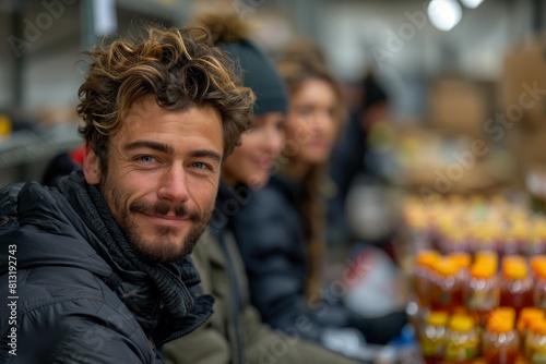 A man with a friendly smile features in the foreground of a vibrant outdoor market setting