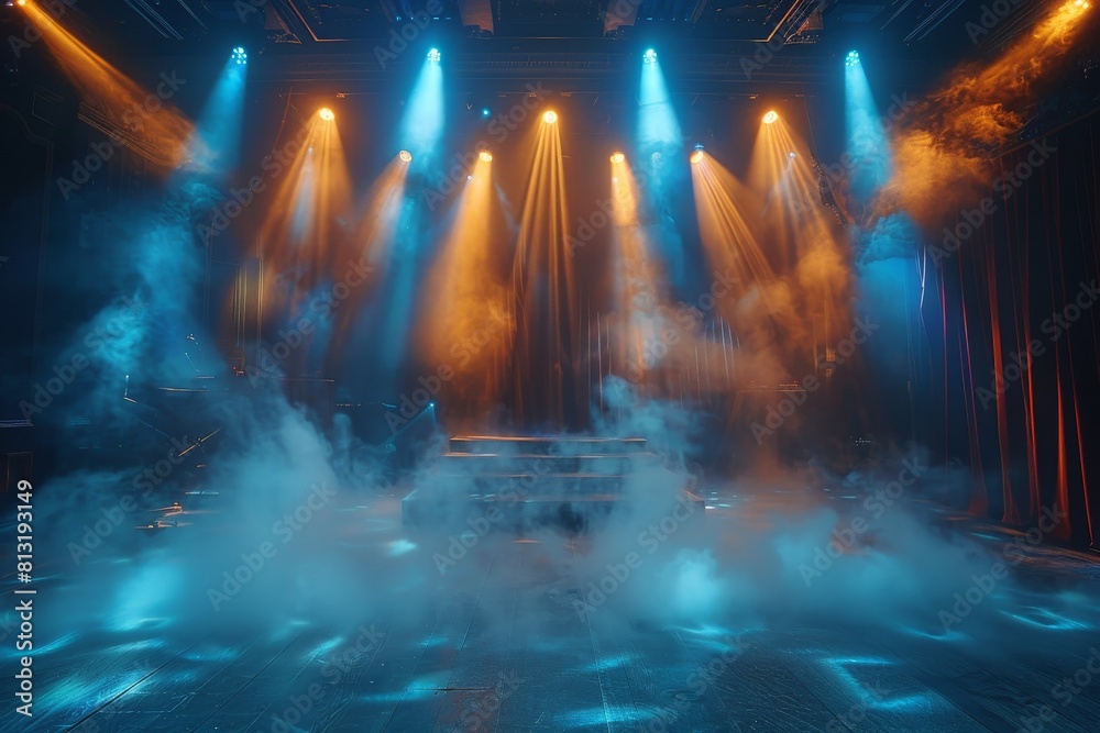 Fototapeta premium An empty stage ready for a performance, enveloped in atmospheric blue fog and dramatic lighting effects