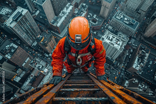 A brave ironworker is perched high above the city, engaging in skilled labor on a steel beam © Larisa AI