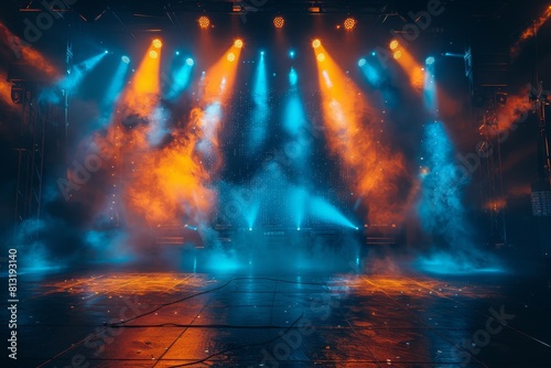 A live performance venue brilliantly lit with dynamic blue and orange lights with a festive and energetic vibe