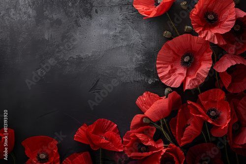 Somber and evocative display of red poppies laid out on a dark background symbolizing remembrance day commemorations in the uk photo
