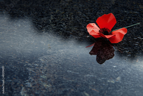 Symbolic red poppy lies on a reflective surface, epitomizing the contemplation and sorrow of remembrance day in the united kingdom photo