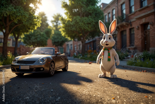A Rabbit Standing Next to His Luxury Car.