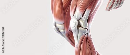 3D realistic illustration of the upper leg and knee muscular system on a white background. Human muscles, medical illustration.