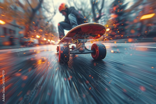 Fast motion blur conveys the speed of a skateboard on a city street under colorful evening lights