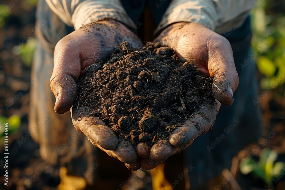 A farmer's hands cradle a handful of dark, fertile soil, emphasizing sustainable agriculture