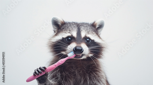 close up of a raccoon with toothbrush