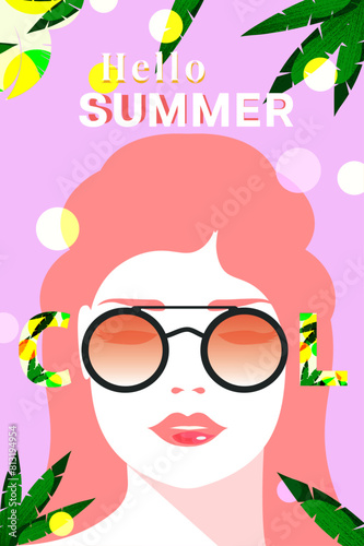 Summer background  poster  banner  holiday cover. Summer card with tropical leaves and beautiful girl.  Design template for promo  fashion ads  sales  social media  print. Modern art minimalist style.